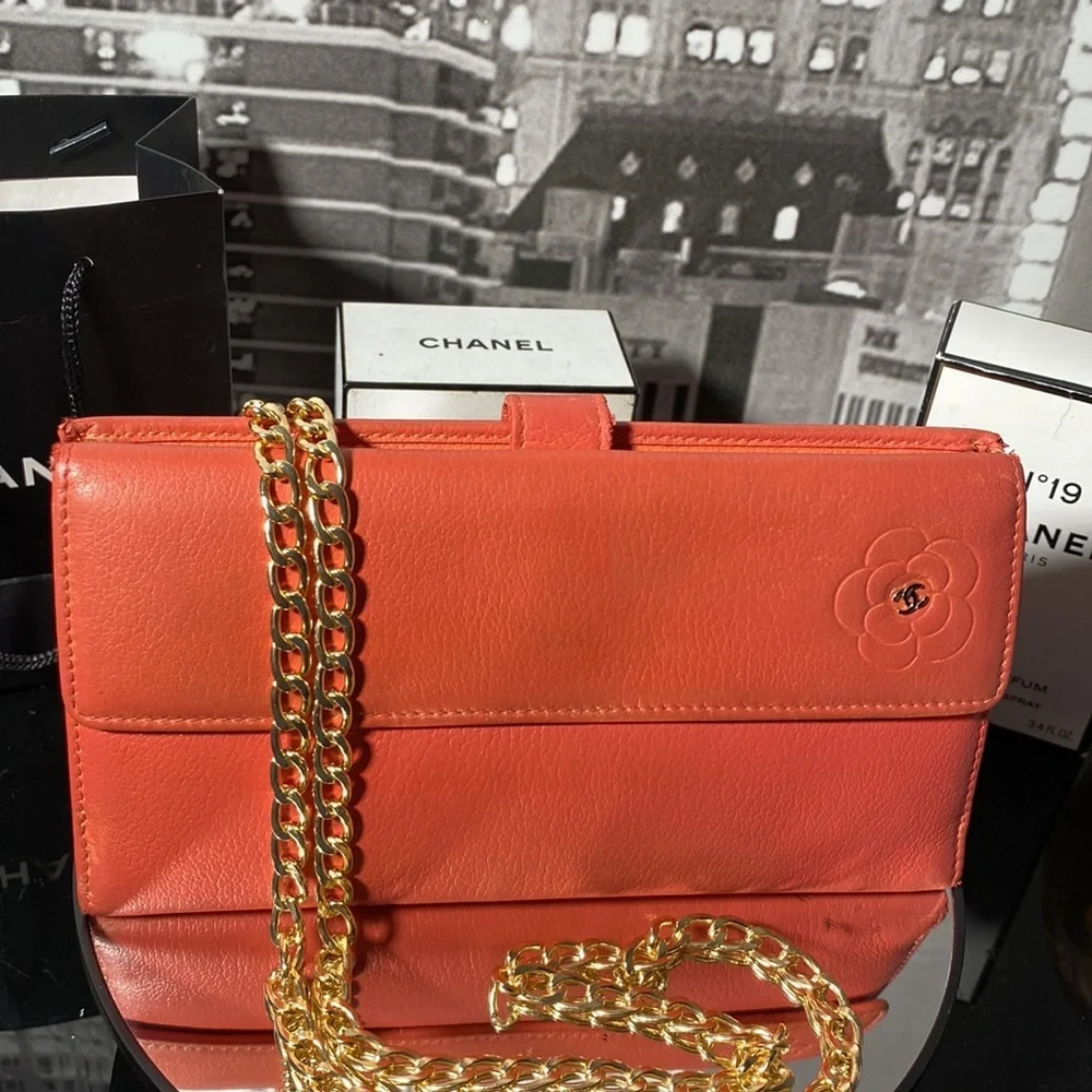 Vintage CHANEL Orange Leather Camellia Chain Wallet (2005)